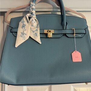 Elegant Blue Handbag with Scarf Accent